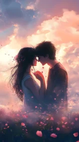 Luminous Embrace: Romantic Silhouettes Against Ethereal Cloudscape.