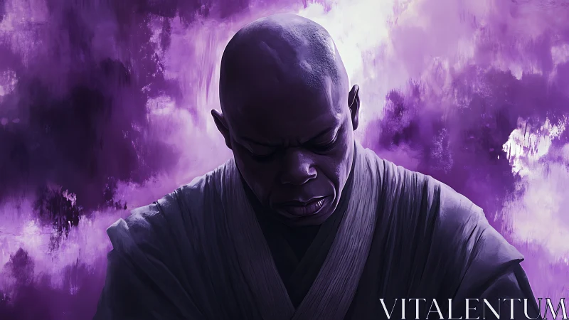 Bald robed figure in front of diffuse purple abstract field.