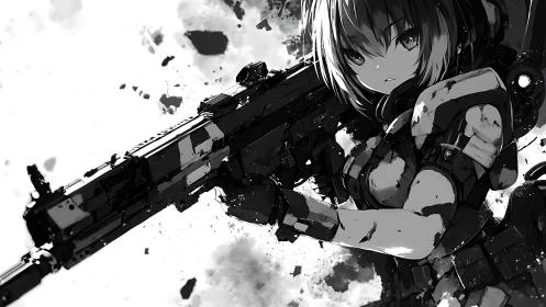 Tactical anime marksman in armored exosuit with heavy rifle