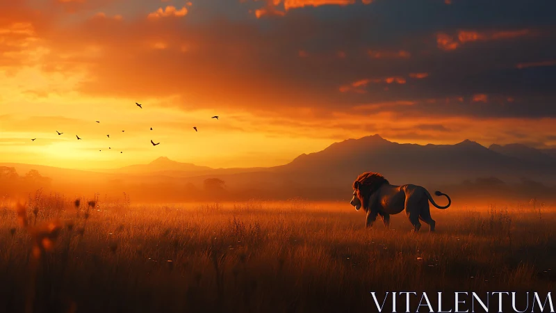 Lion striding through ember-lit savanna at mountain sunset.