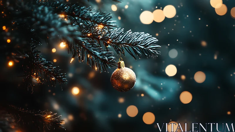 Golden bauble on frosted fir branch with festive bokeh glow.