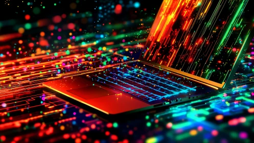 Neon-lit laptop channels streaming data in kinetic spectrum.