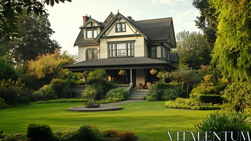 Victorian house stands amid sculpted lawns and lush gardens.
