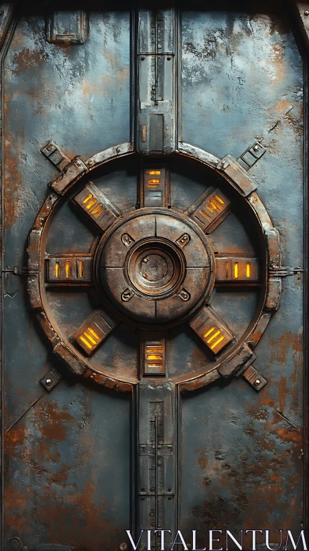 Rustic sci fi vault door with glowing amber lights.