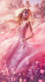 Blonde fashion doll stands in flowing pink gown outdoors
