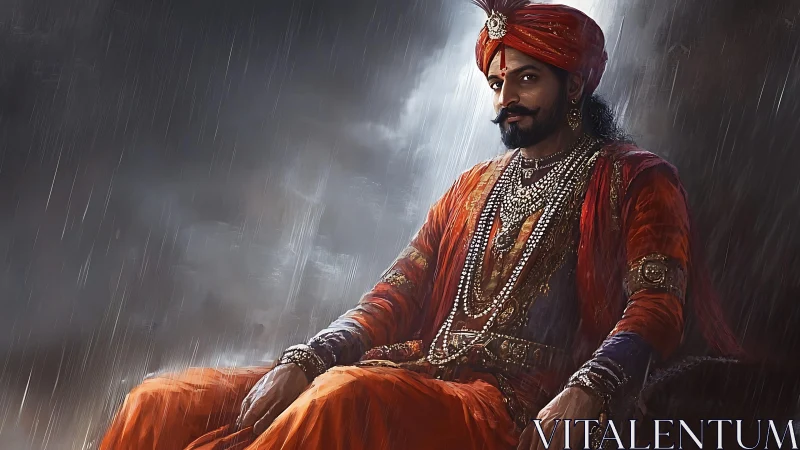 Regal warrior prince seated in rain with ornate jewelry.