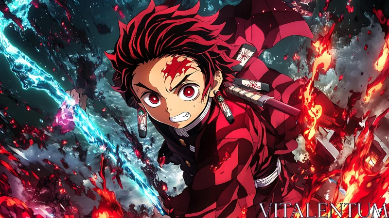 Fiery anime swordsman charges through storm of flame and water