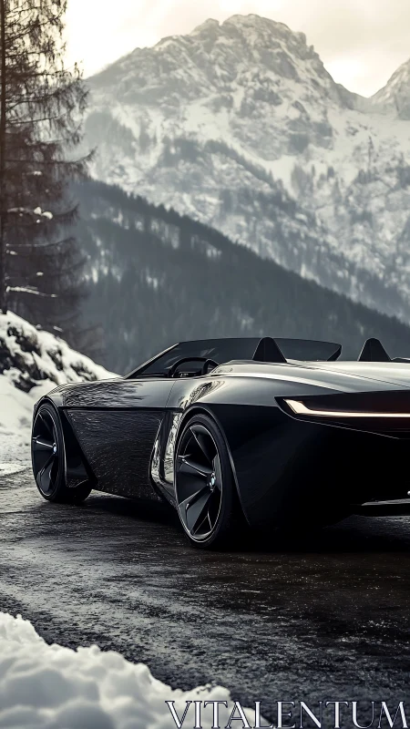Futuristic black roadster glides through a snowy alpine pass.