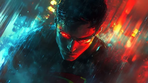 Intense hero leans forward as glowing red eyes cut through rain