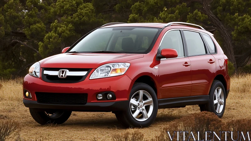 Red compact SUV parked on dry grassland near trees.