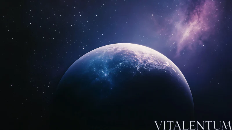 Distant blue planet in star field with nebula backdrop.