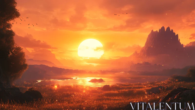 Golden sun settles over peaceful lake and distant cliffs