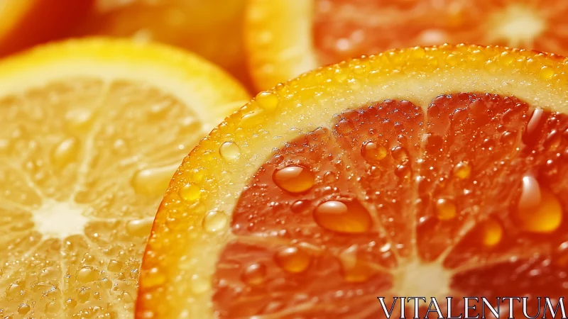 Citrus slice closeup with water droplets on rind and pulp.