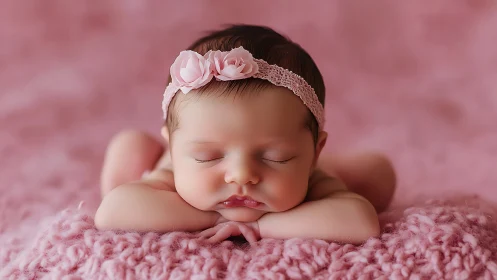 Sleeping Newborn Girl with Pink Headband and Floral Crown Prop.