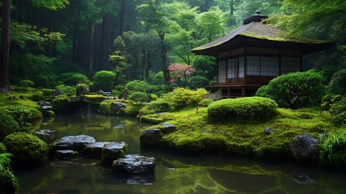Mossy teahouse listens quietly to the whispers of a rainlit pond