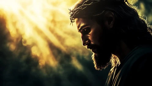 Crowned figure in golden backlight with contemplative profile.