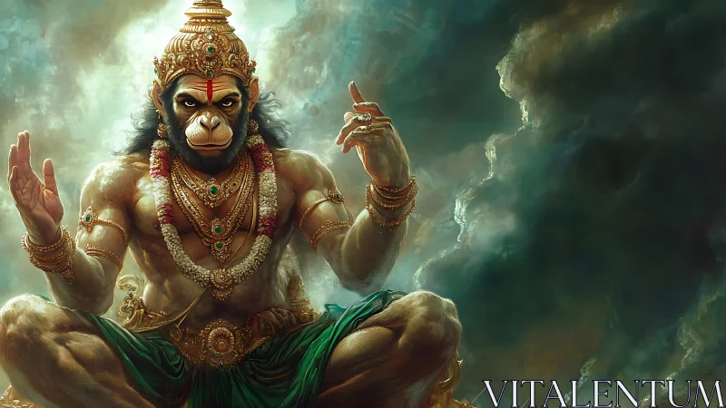 Radiant monkey warrior seated in a swirl of sacred light.