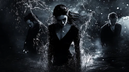 Three somber figures stand in dark water with splashing arcs