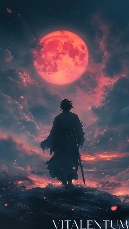 Lone katana warrior silhouetted beneath luminous crimson moon