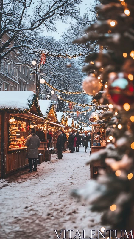 Snowy outdoor Christmas market street with decorated stalls
