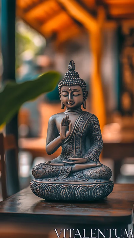Bronze Buddha statue seated in meditation on carved base.