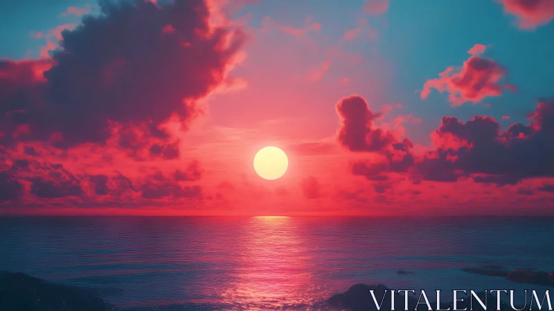 Neon gradient seascape sunset with volumetric clouds and glare