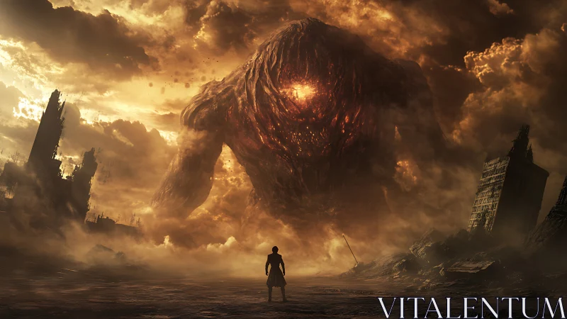 Colossal molten-eyed titan confronts lone figure in ruined cityscape
