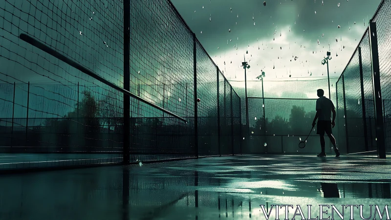 Rainy tennis court welcomes a lone player in moody evening light