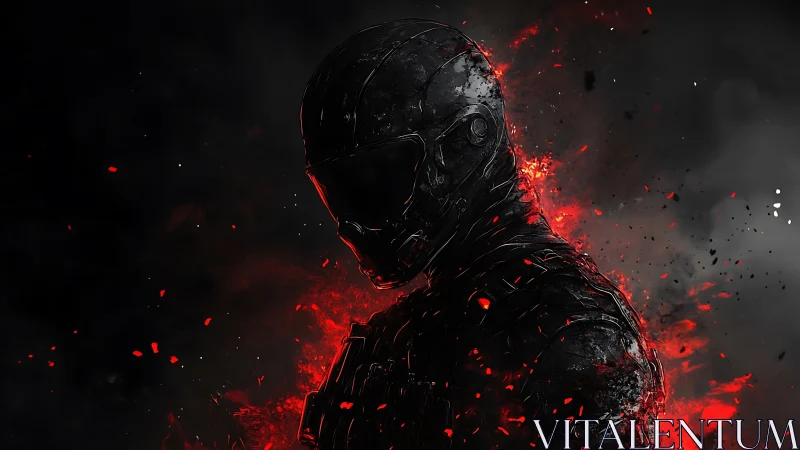 Stoic armored warrior glowing in embers and midnight shadows.