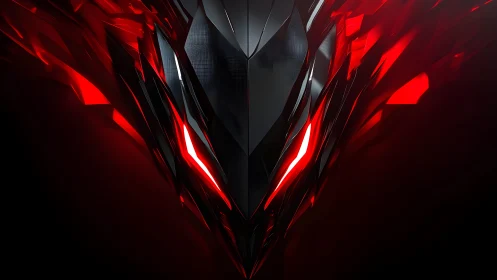 Futuristic robotic mask with glowing red eyes in digital art style.