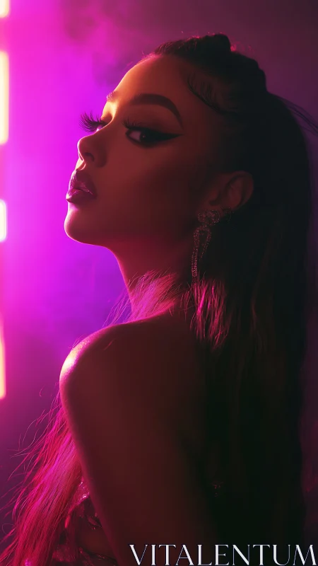 Neon-lit beauty portrait bathed in magenta studio glow.