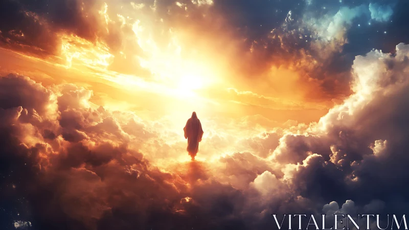 Backlit robed silhouette framed by volumetric sunset cloudscape