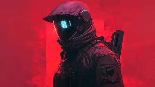Futuristic soldier stands in neon red vapor haze. Period.