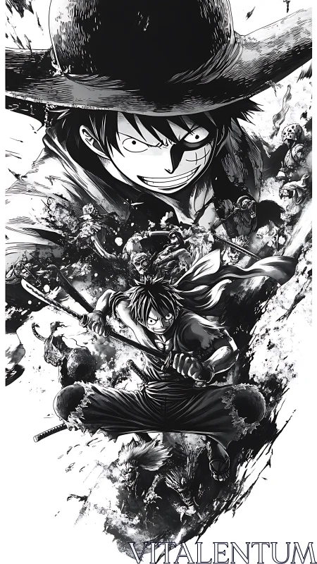 Dynamic monochrome pirate warrior montage in inked motion.