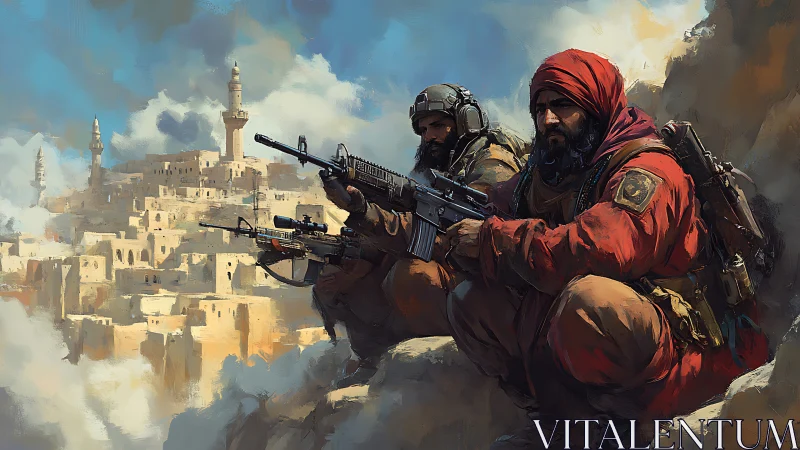 Snipers watch desert hill city from rocky forward position