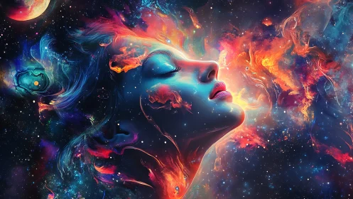 Nebular female profile dissolves into multi-chromatic cosmic gas