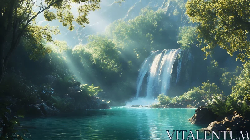 Sunlit forest waterfall over turquoise secluded lagoon.