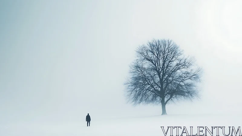 Solitary deciduous tree and lone figure in winter fog landscape.