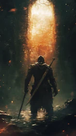 Armored warrior approaches blazing shaft of light in ruin