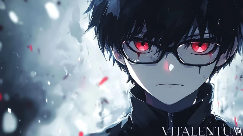 Brooding anime boy with glowing red eyes stares forward