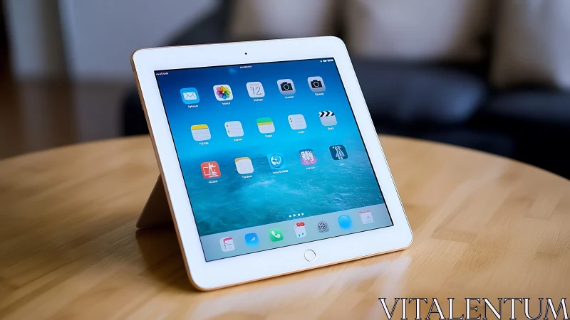 White iPad with Home Screen and App Icons Displayed on Wooden Table
