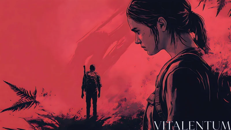 Two quiet survivors share a tense pause in a scarlet world