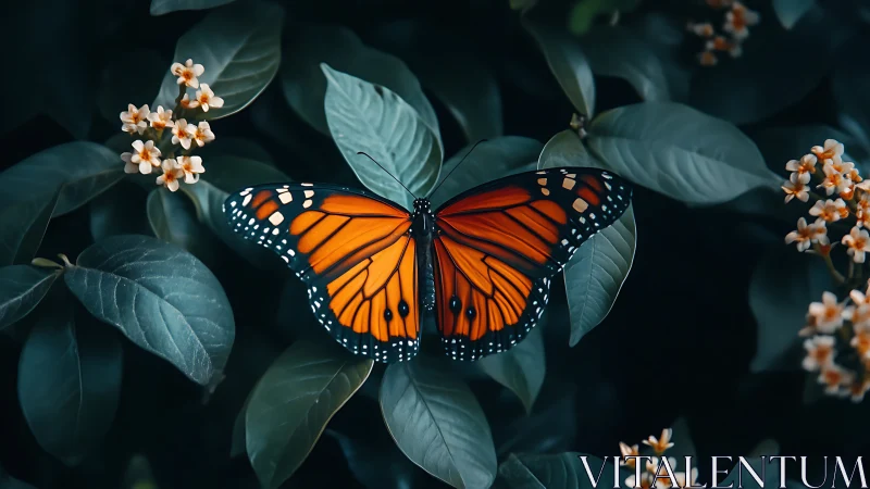 Monarch butterfly in dorsal view rests on foliage with cool-toned bokeh
