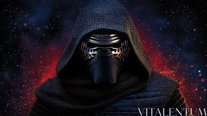 Masked hooded warrior stands against cosmic red nebula glow