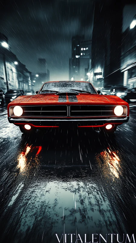 Red muscle car on wet city street at night in heavy rain.