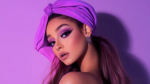 Woman with purple turban and makeup poses against violet wall
