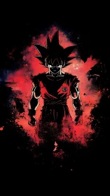 Silhouetted anime fighter with red abstract energy field.