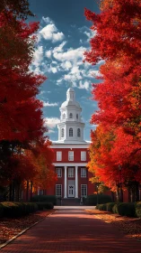 Symmetrical red brick hall framed by saturated autumn foliage