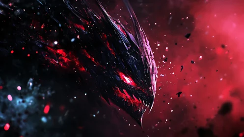 Abstract dark creature head in red cosmic particle field.