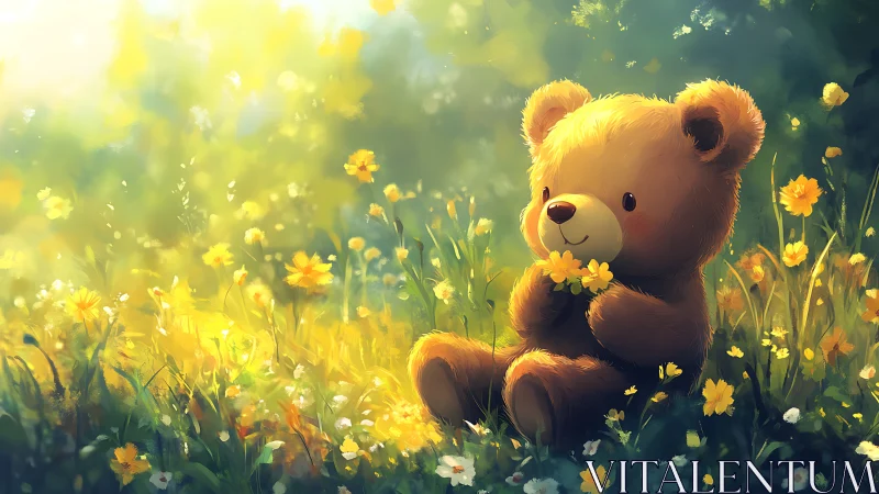 Softly lit teddy bear in wildflower meadow digital painting